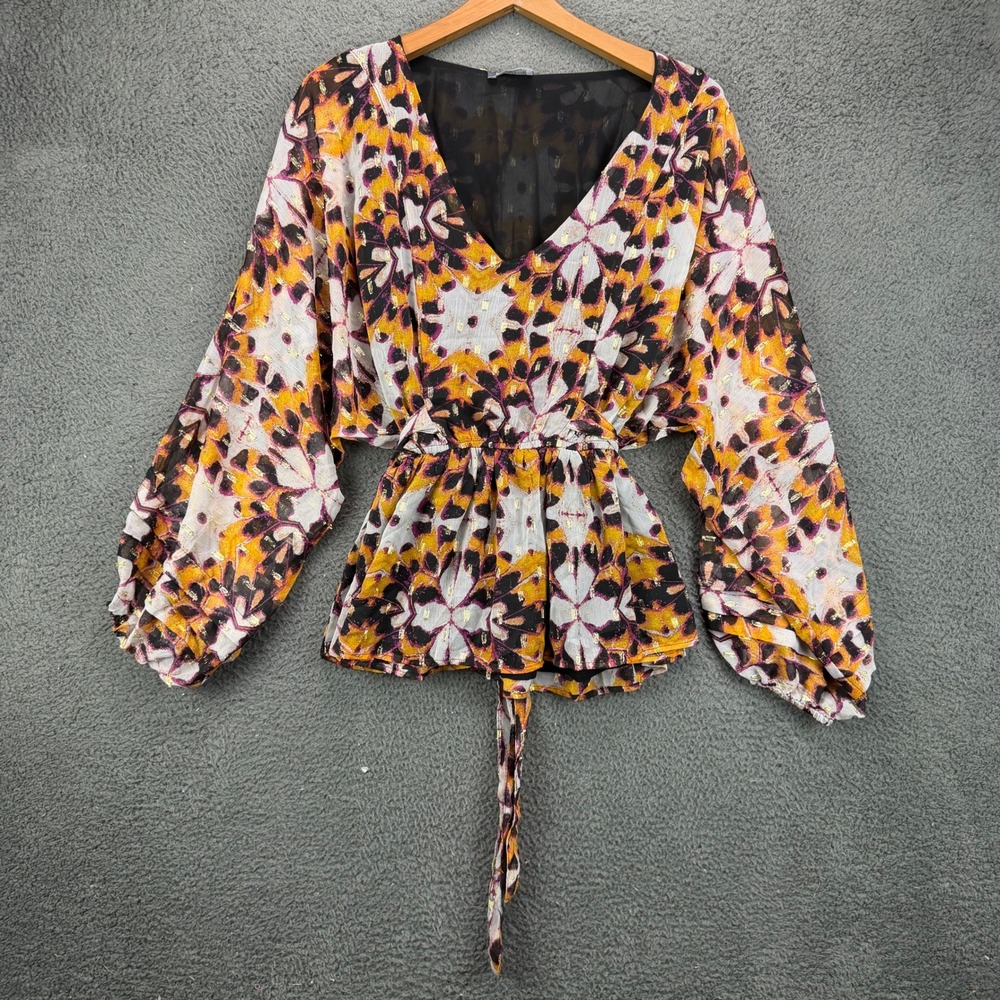 K.Jordan Womens 1X Orange Purple Abstract Metallic Lurex Peplum Blouse Top